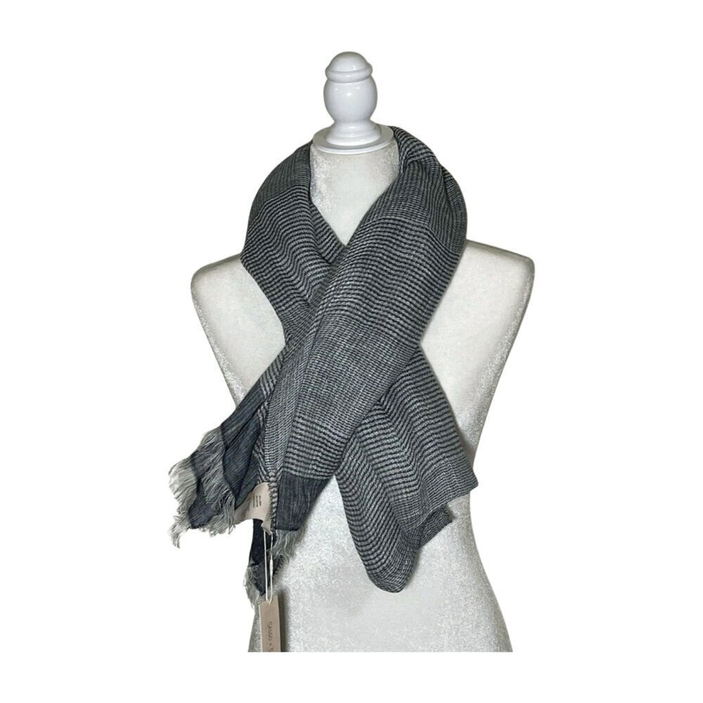 NWT SASSO + SMYTH Linen Blend Fringe Scarf Navy White Made in Italy - Picture 6 of 10